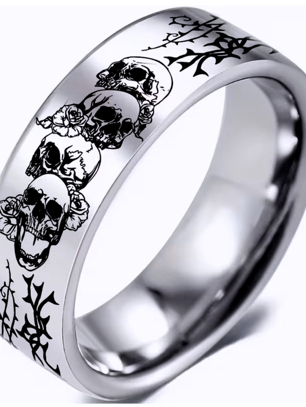 New -Unique & Stylish -Stainless Steel Band Ring w/Skull Designs -Size 9